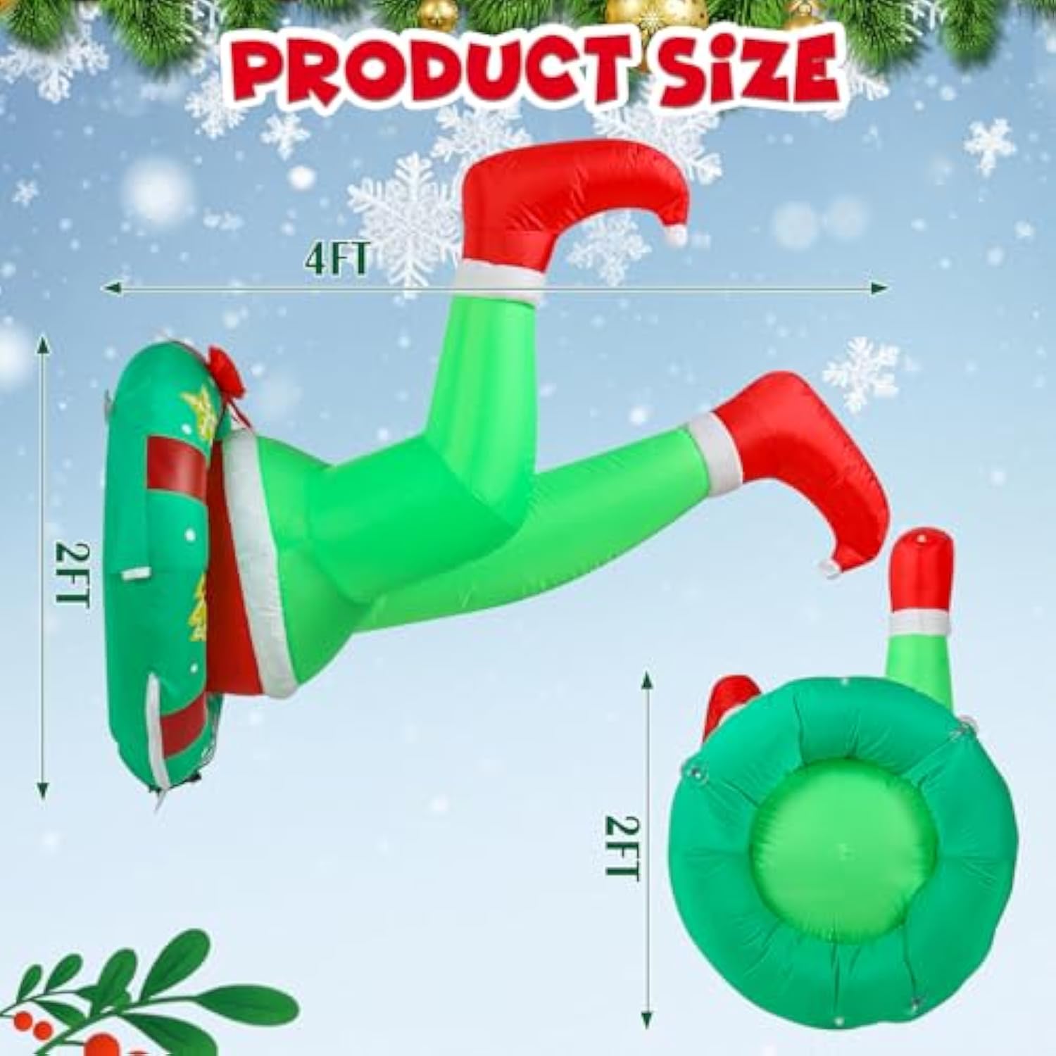 4Ft Christmas Inflatable Outdoor Window Decorations, Christmas Green Big Monster Broke In From Window Stuck In Wreath, B