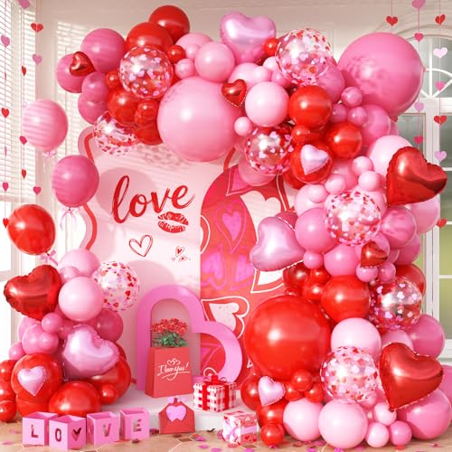 Valentine's Day Balloons Garland Arch Kit, 127Pcs Pink Red Rose Red Balloon with Red Pink Heart Foil Balloon for Valentine's Day Galentines Mother's Day Wedding Engagement Anniversary Party Decoration