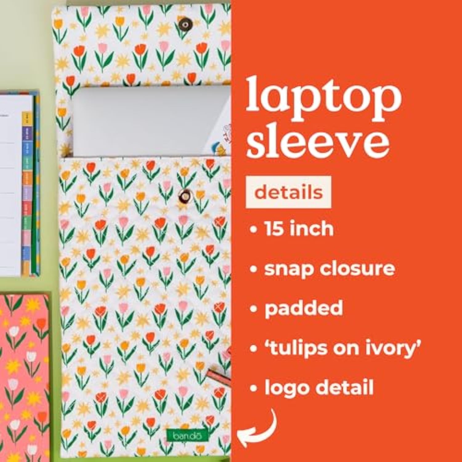 Go Go Padded Laptop Sleeve With Snap Closure And Wires Pouch, Fits Up To 15-Inch Laptop, Tulips On Ivory