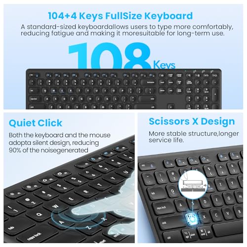 Wireless Bluetooth Keyboard, Support Multi Device Switching, Full Size, Scissor-Switch Keys Silent Design For Computer, Laptop, Macbook And Ipad (Us Layout)