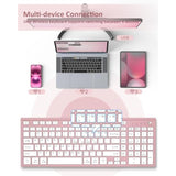 Wireless Keyboard, Bluetooth + Usb Ergonomic Silent Quiet Rechargeable With Number Pad Cute Compact Full Size Multi Device Keyboards For Ipad Tablet Mac Computer Surface Pc Macbook Laptop Pink