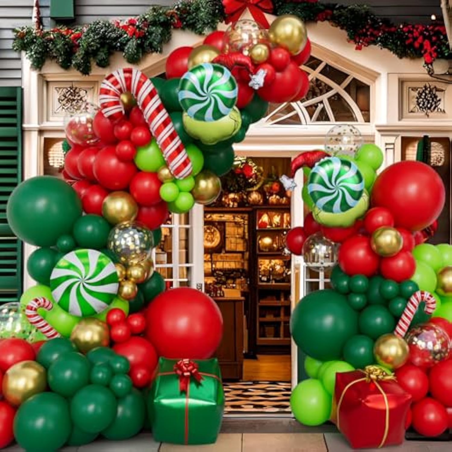 Christmas Balloon Garland Arch Kit With Xmas Red Green Gold Confetti Balloons Candy Cane Gift Box Foil Balloons For Christmas New Year Birthday Party Decorations
