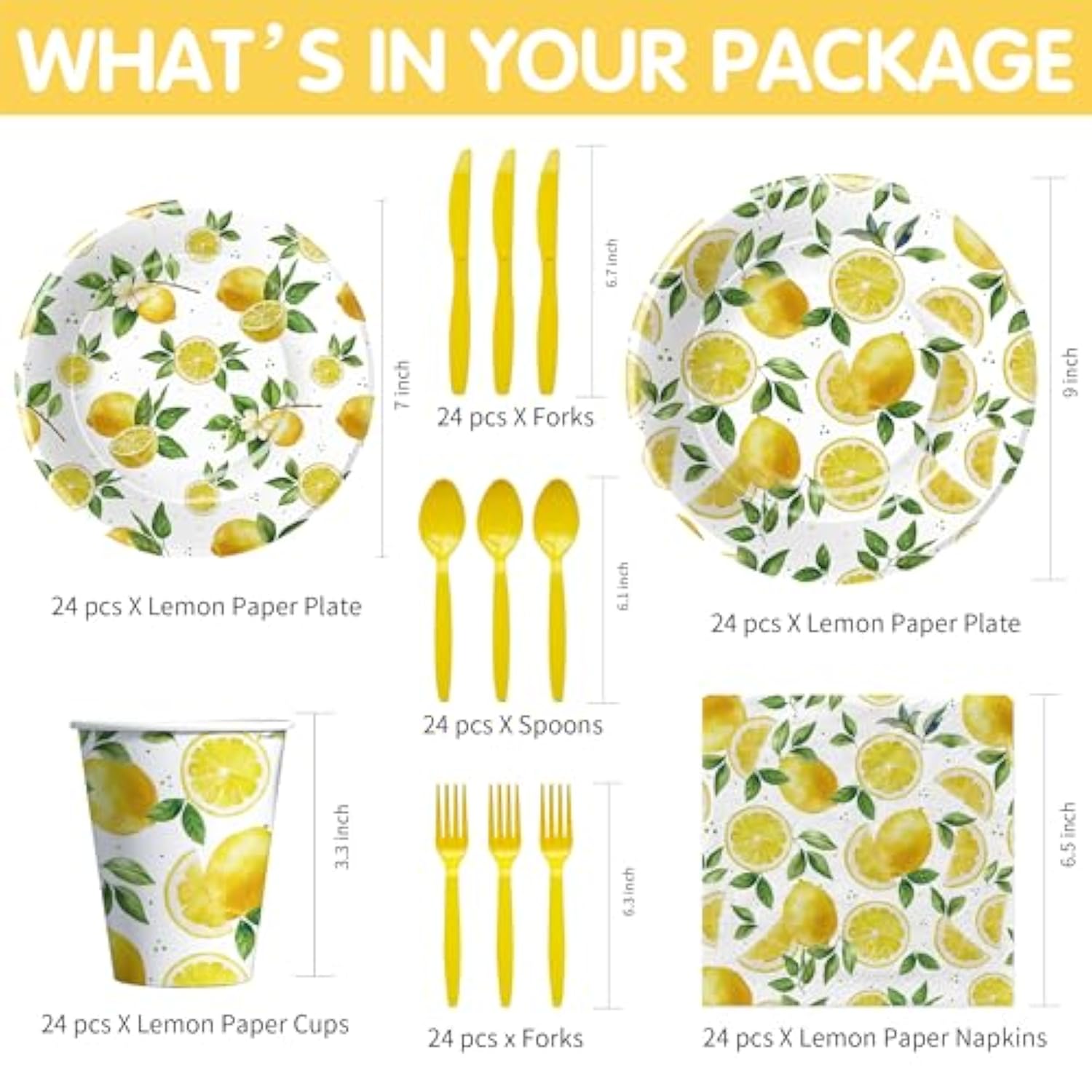 Lemon Party Decorations Tableware, Disposable Summer Theme Lemon Birthday Party Supplies, Paper Plate, Napkin, Cup, Cutlery, For Birthday Baby Shower Bridal Shower, 24 Guests