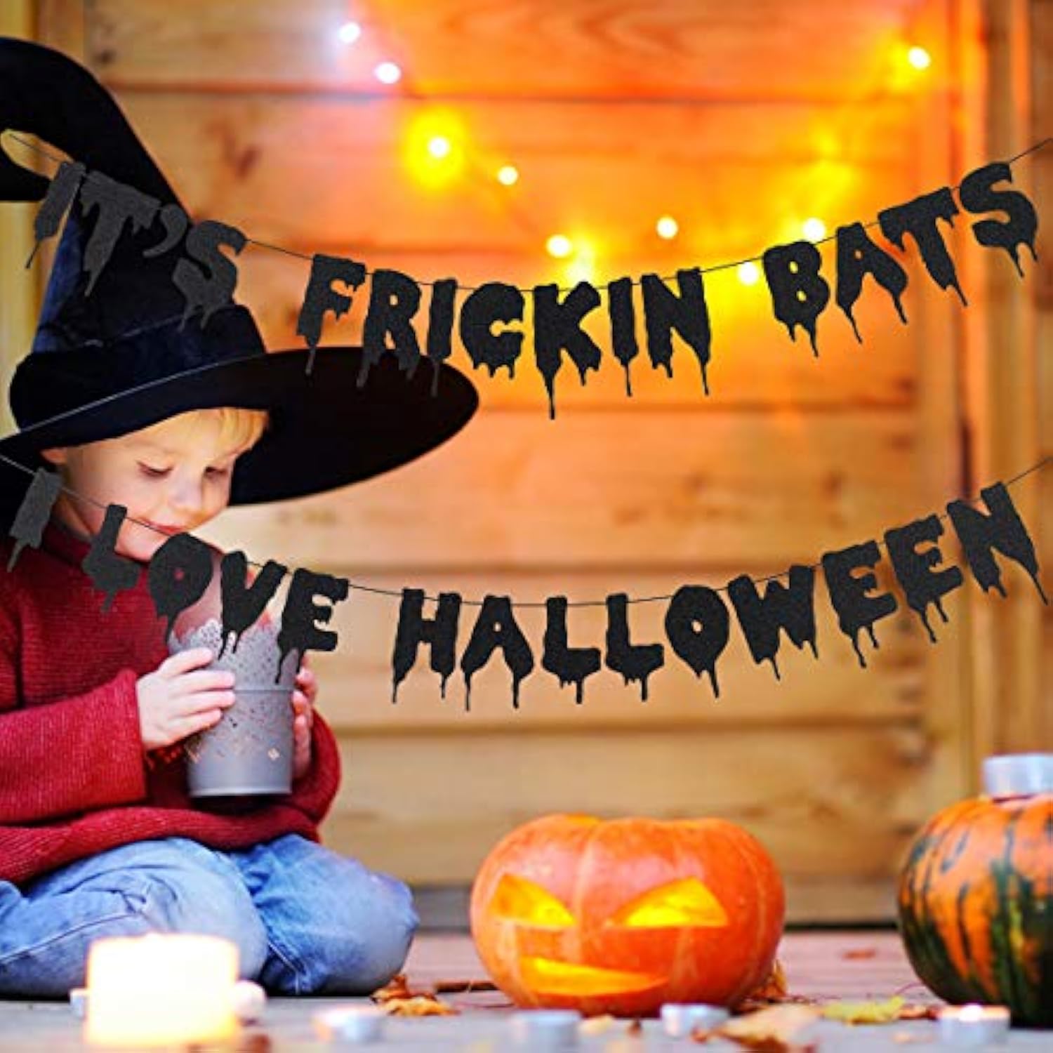Black Glitter Its Frickin Bats Halloween Banner Spooky Party Decor for Mantle Yard Home