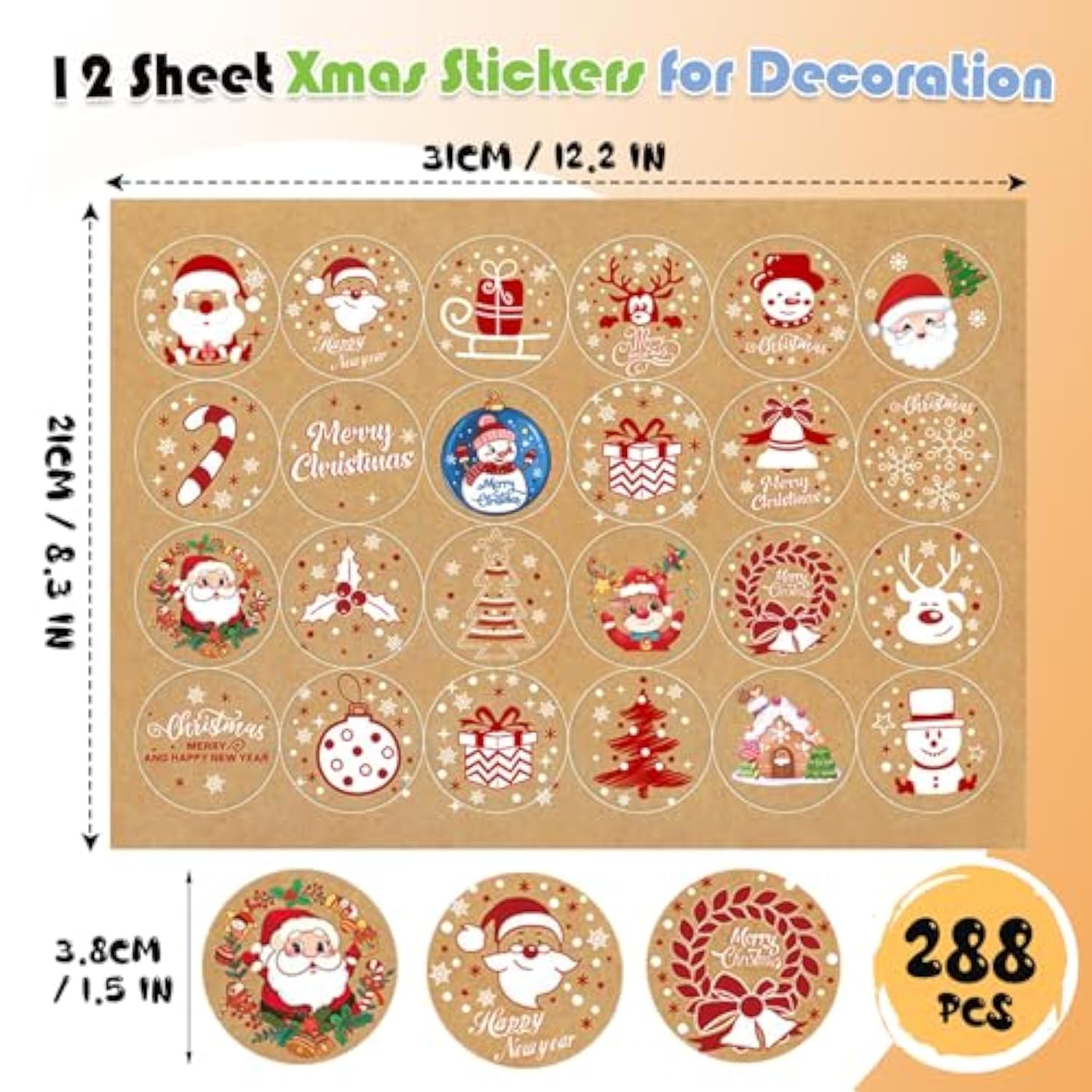 288Pcs Christmas Kraft Stickers, 1.5Inch Large Christmas Stickers For Crafts, Christmas Kraft Stickers For Baked Goods, Envelope Seal, Cards (12 Sheets)