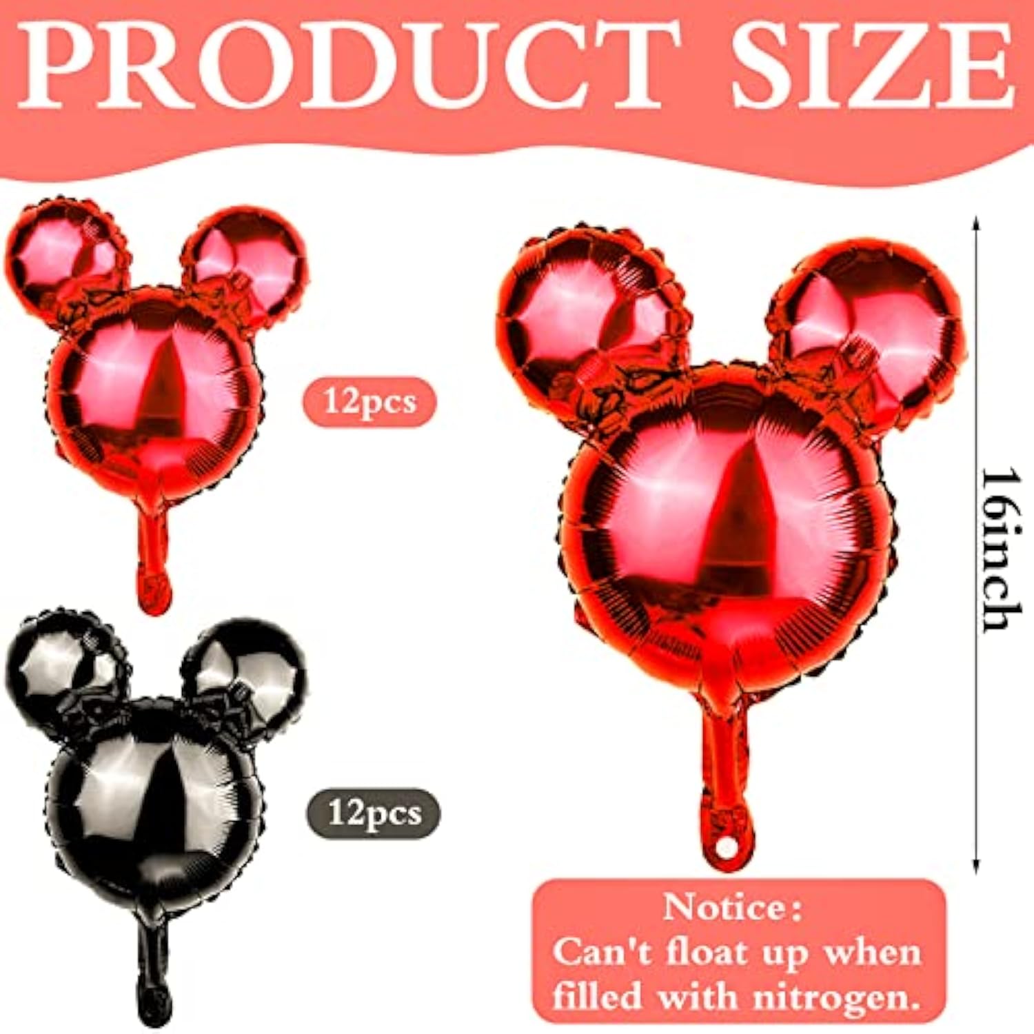 24 Pc 18" Mouse Head Foil Balloons Red & Black Mylar Party Decor & Photo Props