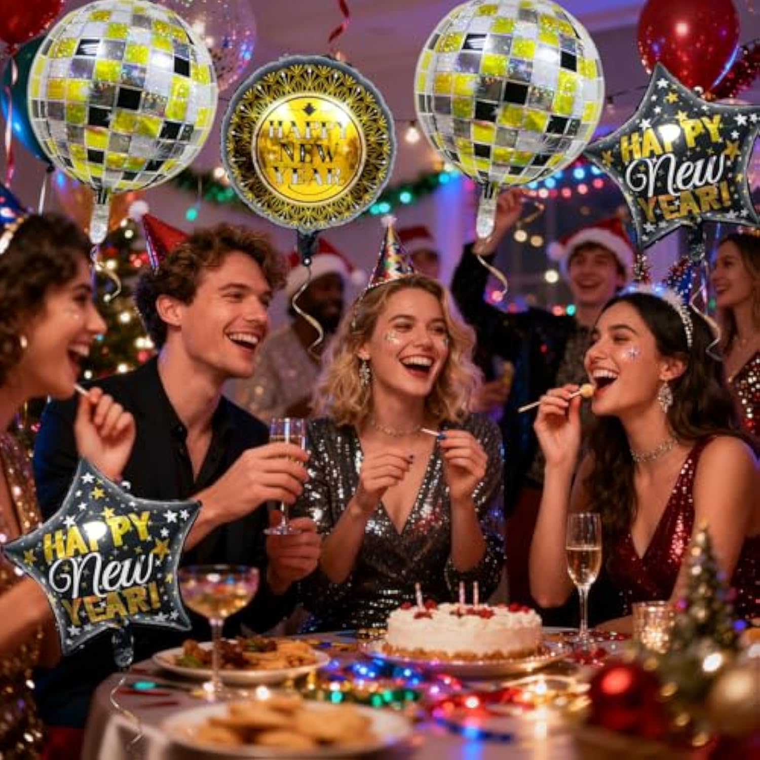 5 Pcs Black & Gold New Year Foil Balloons 4D Disco Party Decor