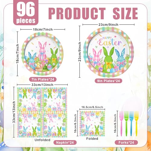 96 Pieces Easter Tableware Set – Bunny Egg Disposable Plates, Napkins, and Forks with “Happy Easter” and Spring Designs for Holiday Dinners, Parties, and Spring Celebrations – Serves 24