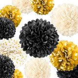 15pcs Black Gold Tissue Paper Pom Poms for 2026 New Year Party Decorations