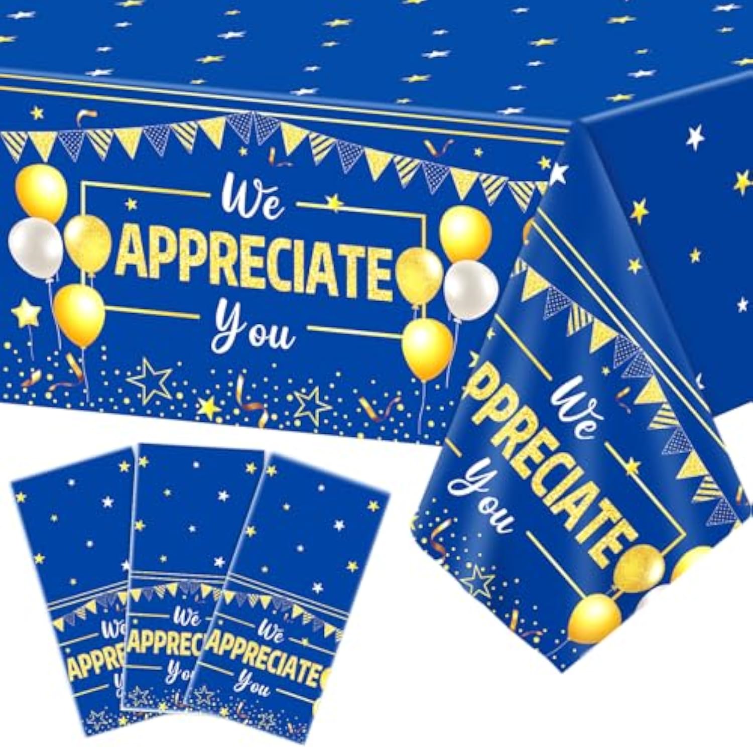 3Pcs We Appreciate You Table Cloths Thank You Decorations For Work Anniversary Party Disposable Plastic Blue Gold Table Cover For Coworker Employee Volunteer Teacher Appreciation Office Supplies Favor