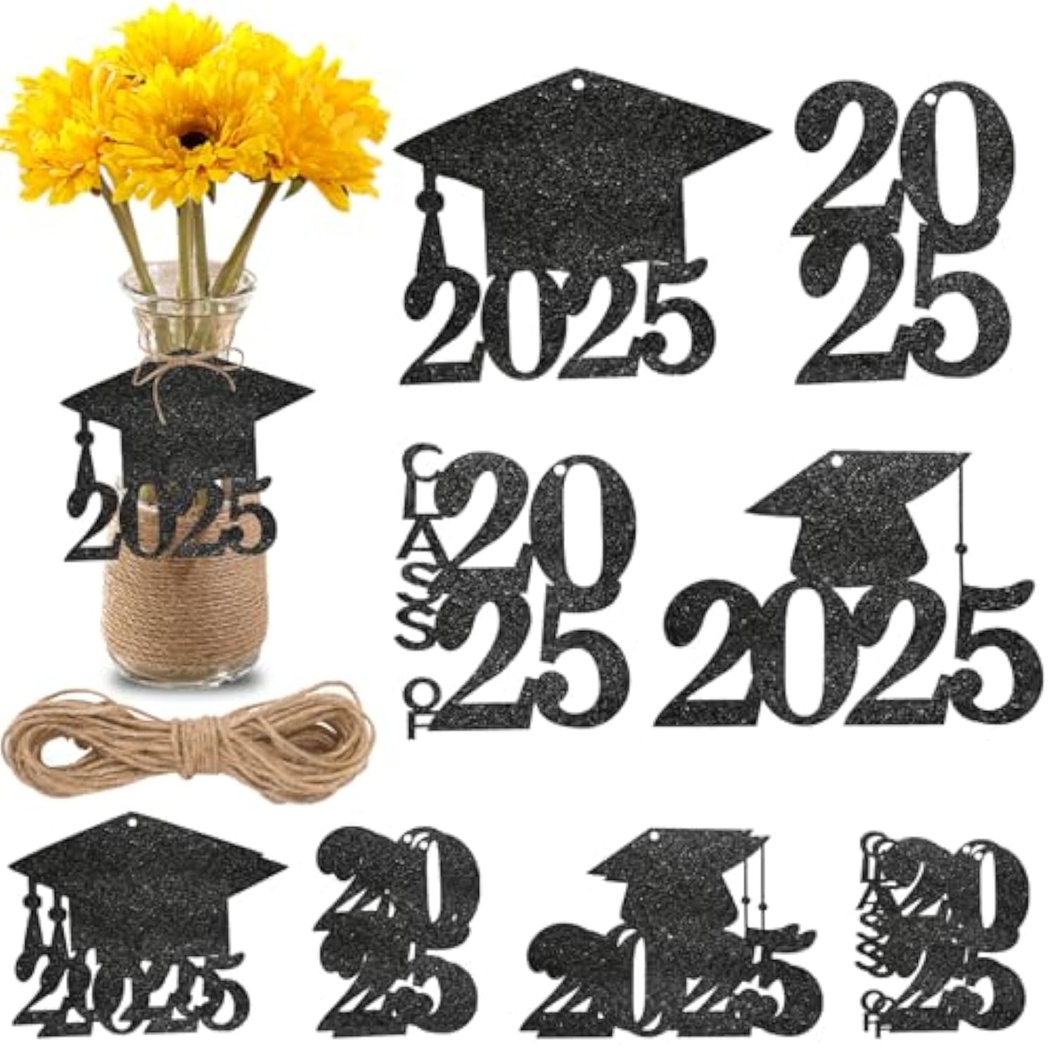40pc Glitter 2025 Graduation Cutouts Caps Confetti Party Decorations Black