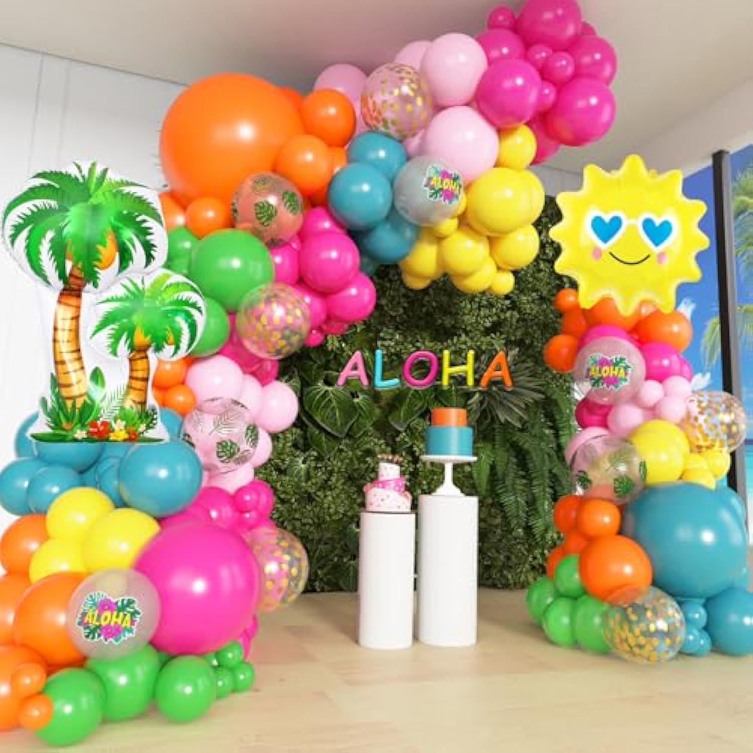 165Pcs Summer Tropical Balloon Arch Garland Kit, Hot Pink Green Orange Blue Yellow Foil Coconut Sun Palm Leaves Aloha Neon Rainbow Balloons For Hawaiian Luau Pool Birthday Party Decorations