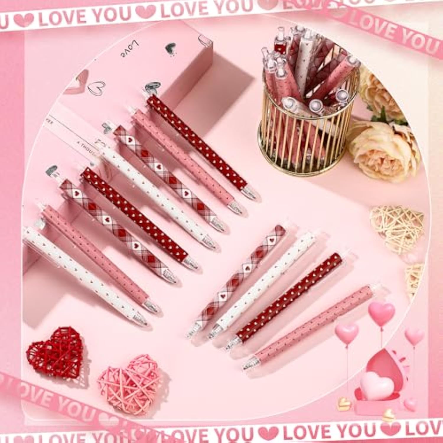 36 Pcs Valentine'S Day Pens Bulk Valentines Coworker Gift Heart Ballpoint Pen With Black Ink Pink And Red Retractable Pens Bulk For Employee Office Staff Supplies Friend Family, 4 Styles
