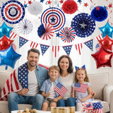 4Th Of July Decorations Sef Of Red White Blue Hanging Paper Fans Hanging Swirls Usa Flag Pennant And Pom Poms Red Blue Star Mylar Balloons For Patriotic Independence Day Decorations