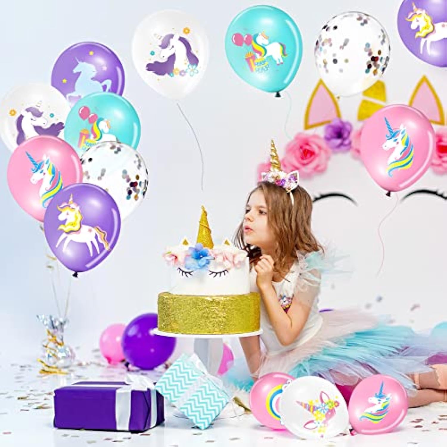 45 Pieces Unicorn Latex Balloons Rainbow Birthday Party Decorations Purple Pink Blue Confetti Balloons Supplies For Unicorn Theme Birthday Baby Shower Wedding Party Garland Decoration