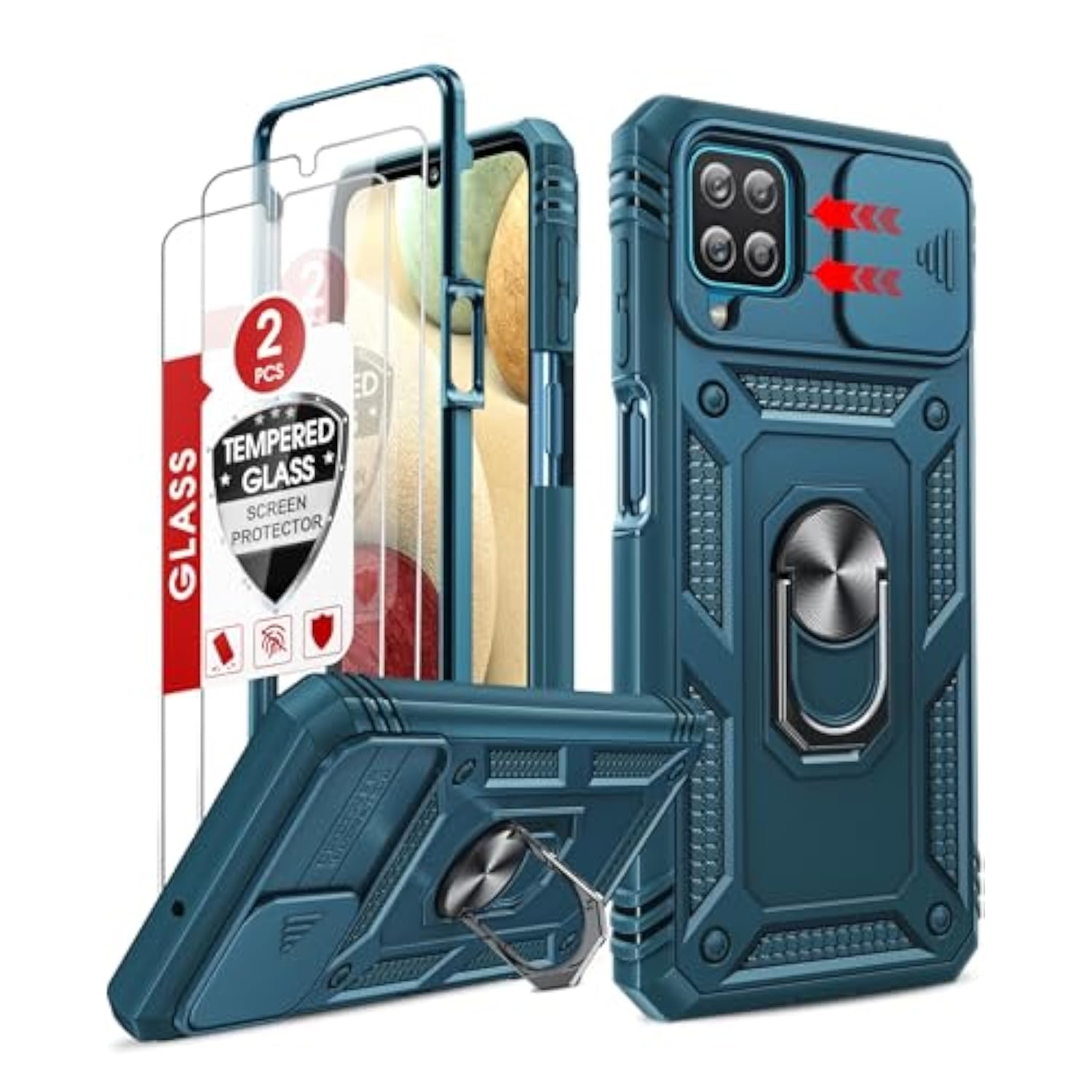 Compatible For Samsung Galaxy A12 Phone Case: Samsung A12 Phone Case With Slide Camera Cover + [2 Packs] Screen Protector, 360 Heavy Duty Protective Shockproof Case With Kickstand For A12, Blue