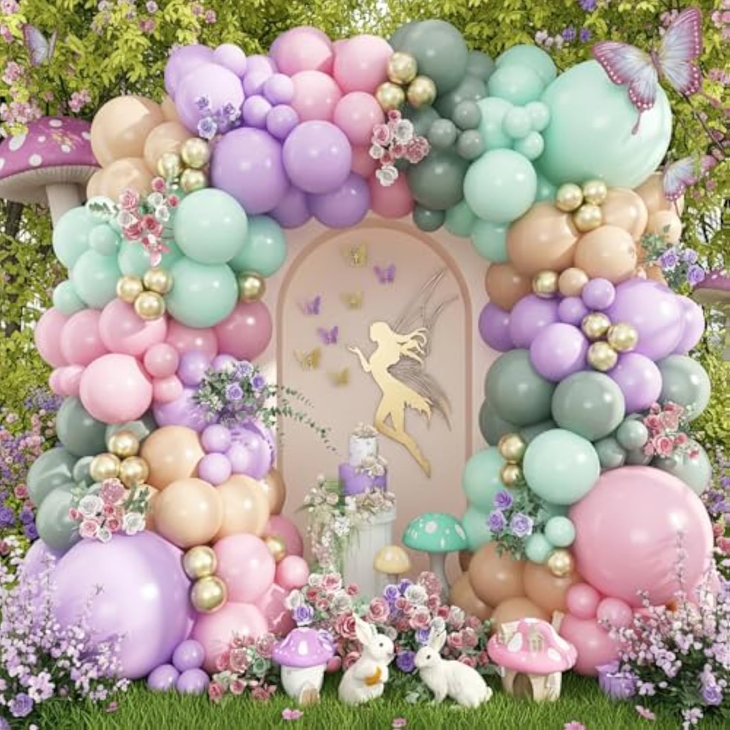 Fairy Balloon Arch Garland Kit, 125Pcs Sage Green Pink Purple And Green Gold Spring Balloons For Girl Wonderland Fairy First Birthday Baby Shower Tea Party Wedding Wildflower Party Decorations