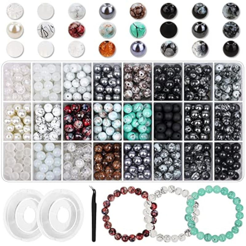 840Pcs 8Mm Glass Beads - 24 Colors, Round Marble Loose Beads For Men Women Bracelet Earring Necklace Jewelry Making Supplies