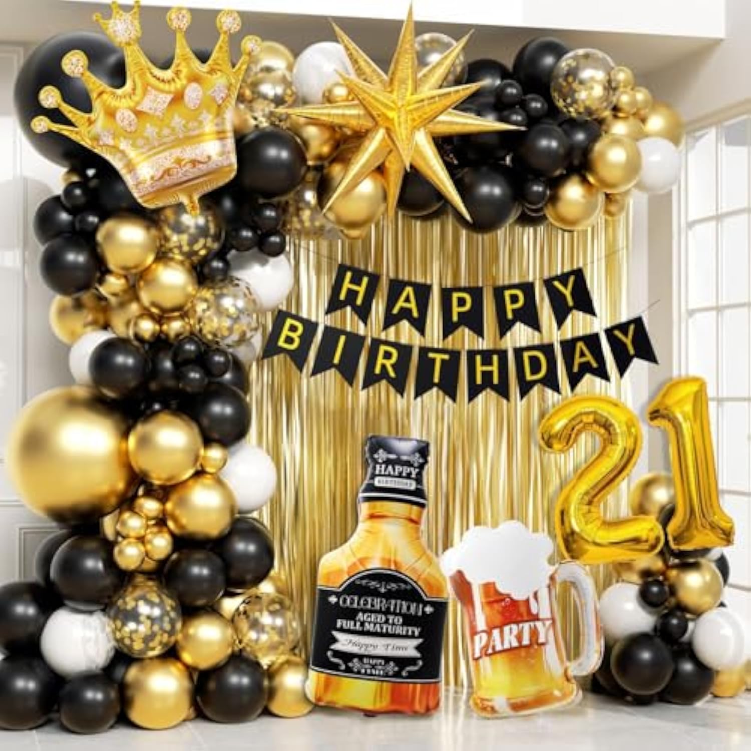 108Pcs 21St Birthday Decorations For Him, 21St Birthday Decorations With Number 21 Foil Balloon Fringe Curtains White Black And Gold 21St Birthday Balloons For Happy 21St Birthday Decorations