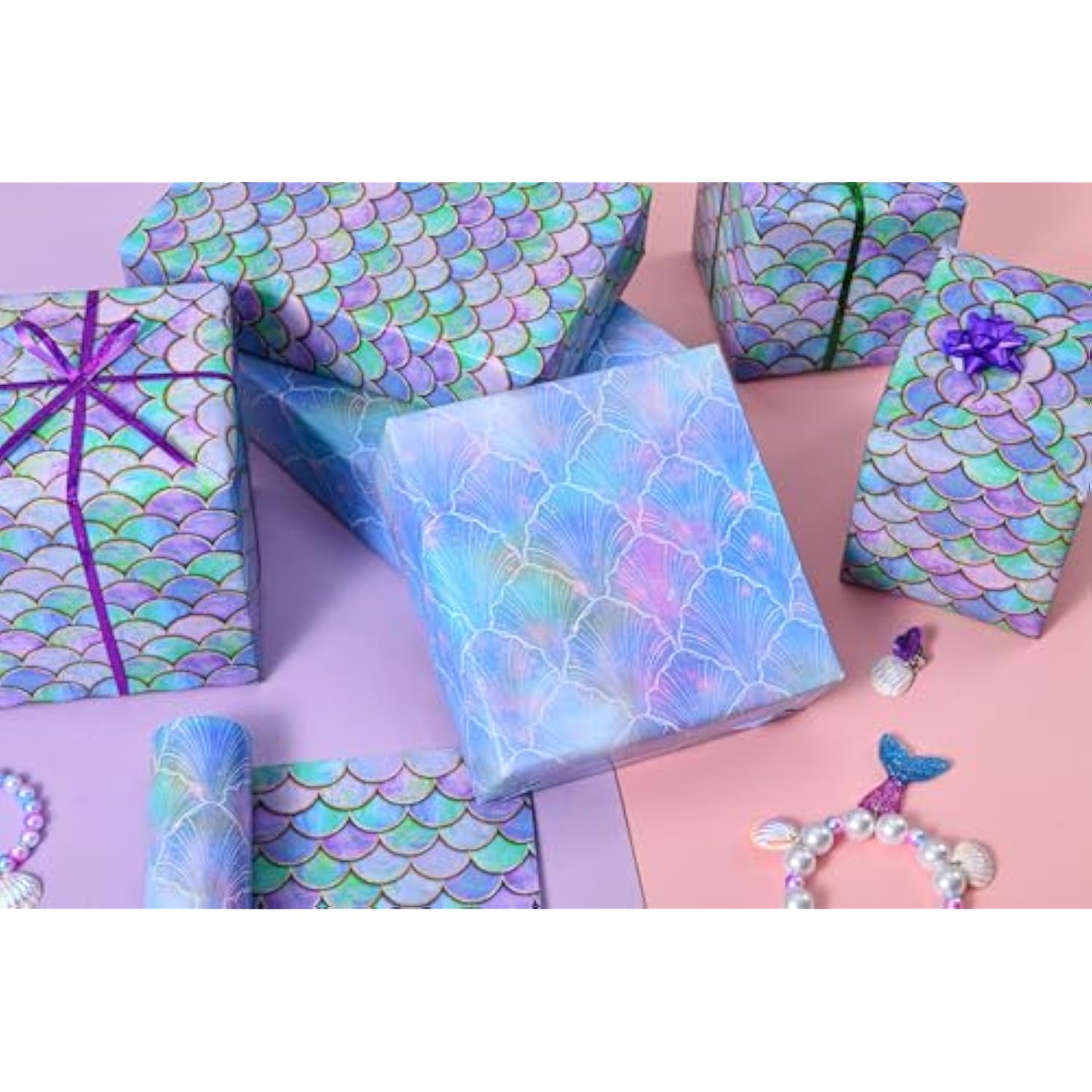 Mermaid Wrapping Paper Roll - Mini Roll 17 Inches X 33 Feet - Birthday Wrapping Paper For Girls, Little Mermaid Wrapping Paper For Girls Birthday Christmas Holiday,