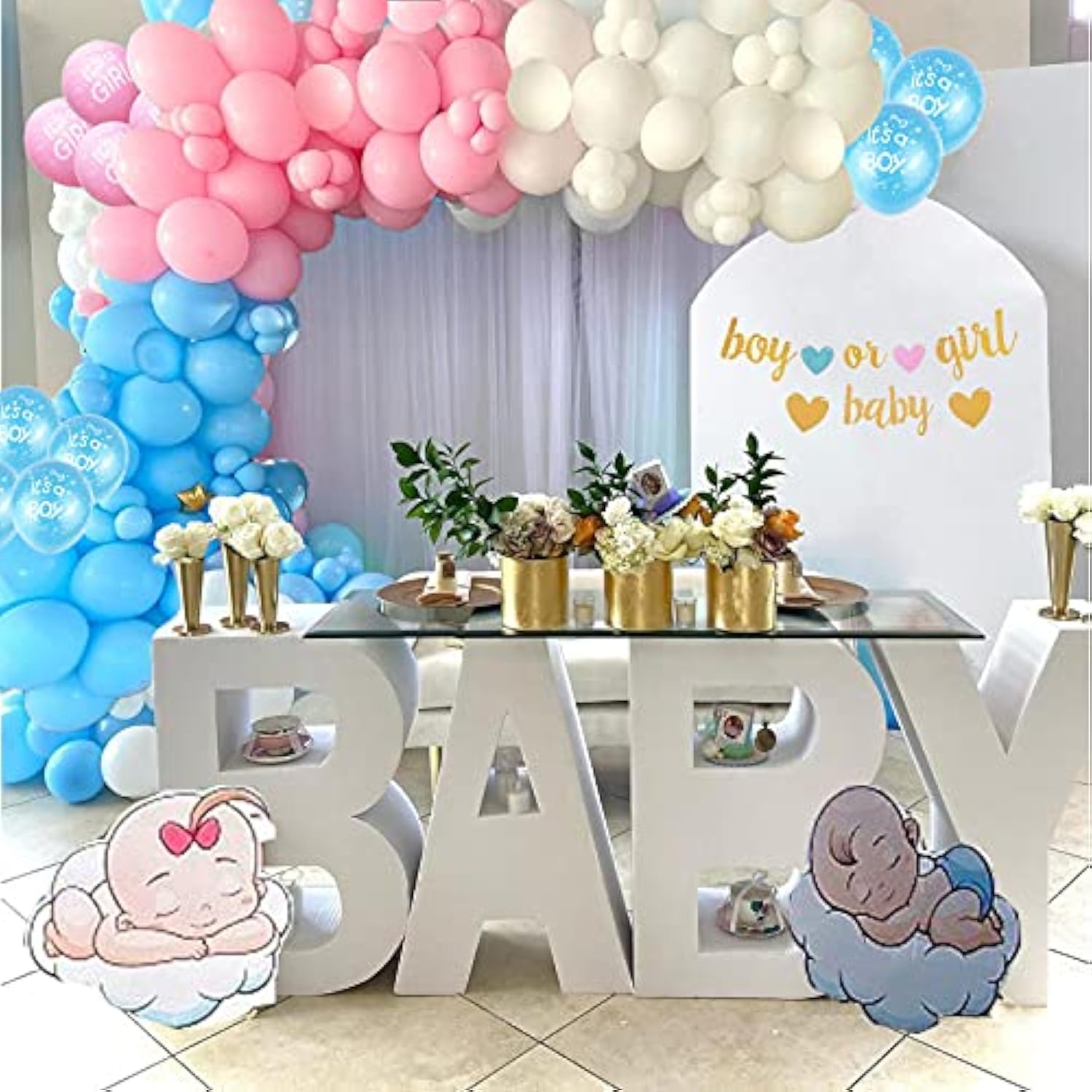 Gender Reveal Balloons, 50 Pcs Pink Blue White Latex For Baby Shower Decorations