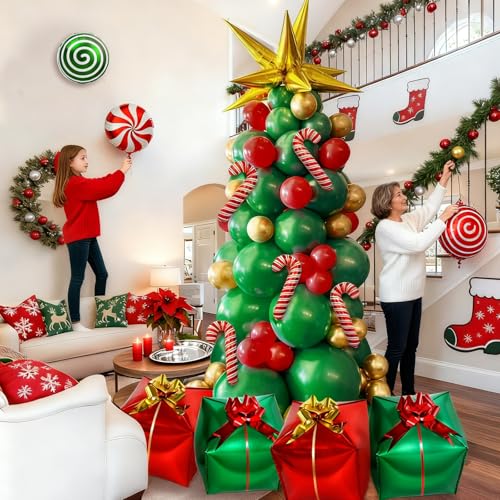 Christmas Tree Balloon Garland Arch Kit with Red Green Gold Balloons, Christmas Gold Starburst, Candy Cane Gift Box Foil Balloons for Winter Xmas Party Decorations