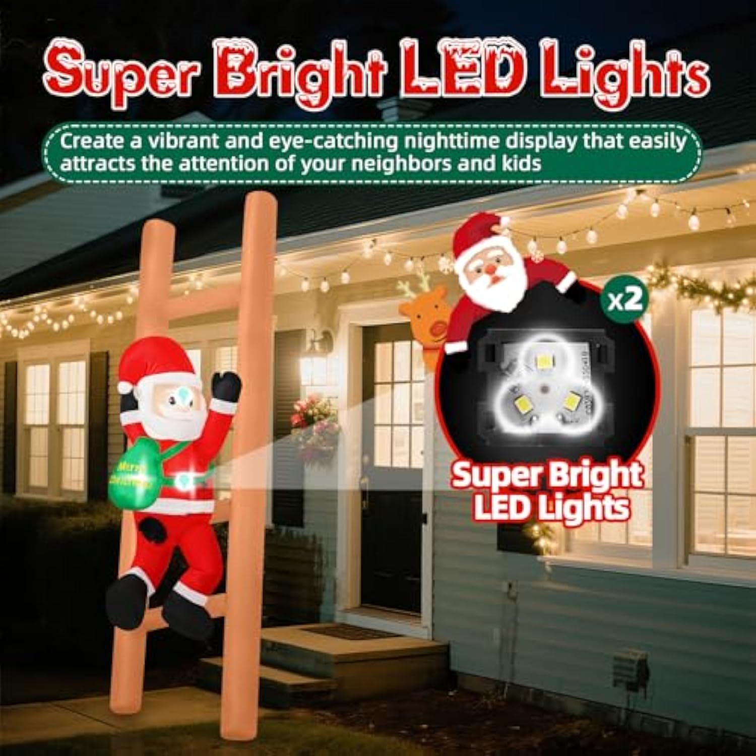 6Ft Climbing Santa On Ladder Inflatable, Christmas Blow Up Yard Decoration With Led Lights, Funny Outdoor Lawn Decor For