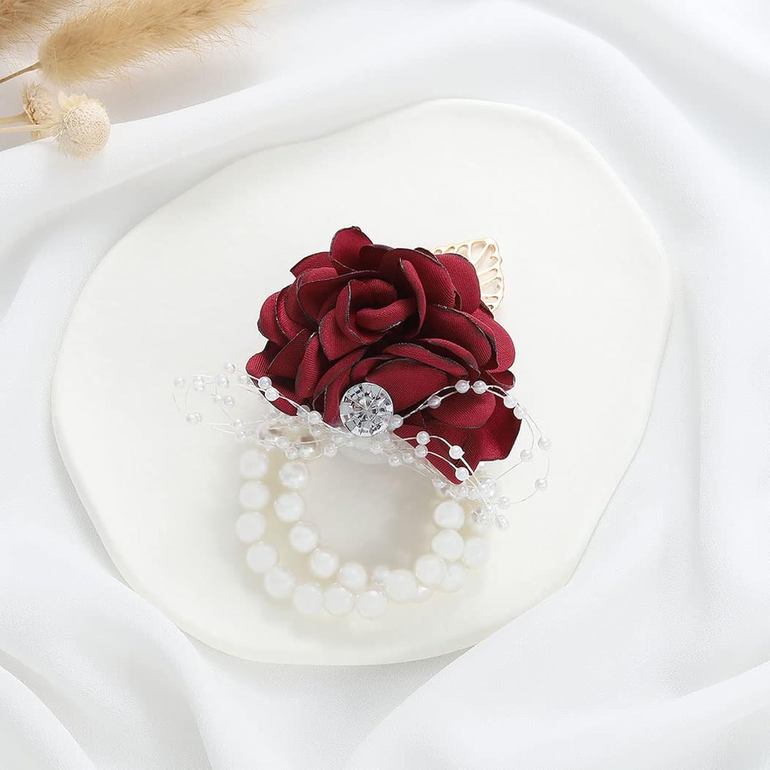 Wedding Bride Rose Wrist Corsage Red Bridesmaids Silk Wrist Flower Flowergirl Hand Floral Decor Bridal Prom Party Accessories For Women And Girls (A- Red)