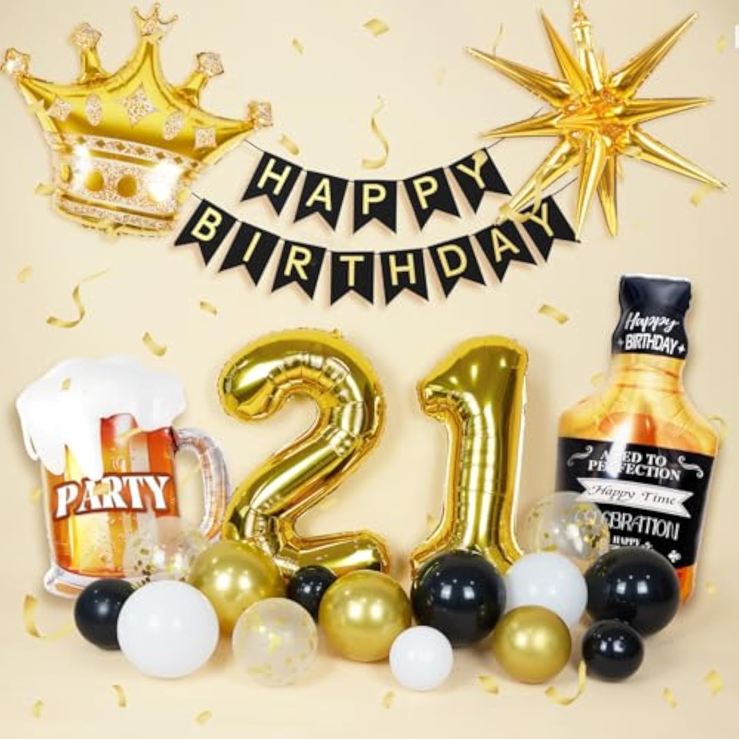 108Pcs 21St Birthday Decorations For Him, 21St Birthday Decorations With Number 21 Foil Balloon Fringe Curtains White Black And Gold 21St Birthday Balloons For Happy 21St Birthday Decorations