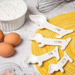 White Ceramic Measuring Cups And Spoons Set – Dog Themed Kitchen Accessories With Spoon Rest, Cute Dachshund Baking Supplies, Dog Lover Gift