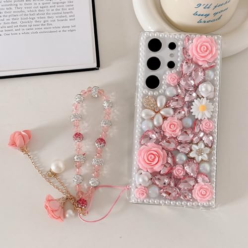 for  Galaxy S26 Ultra Glitter Bling Case, Cute Luxury 3D Sparkle Crystal Rhinestones Flowers Diamond Pearl Gems with Lanyard Wrist Strap Women