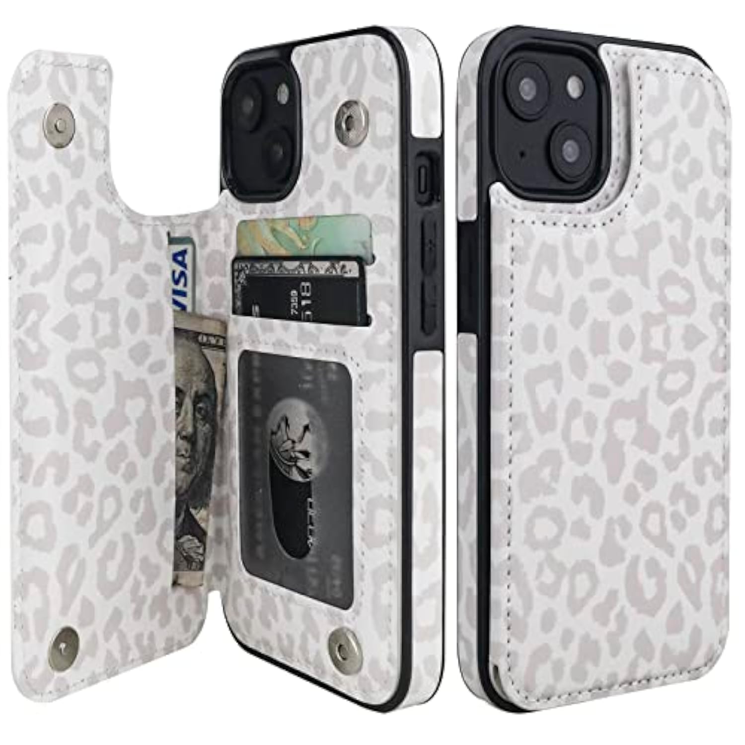For Iphone 14 Wallet Case With Card Holder, White Leopard Pattern Back Flip Folio Pu Leather Kickstand Card Slots Case For Women Girls, Double Magnetic Clasp Shockproof Cover 6.1"