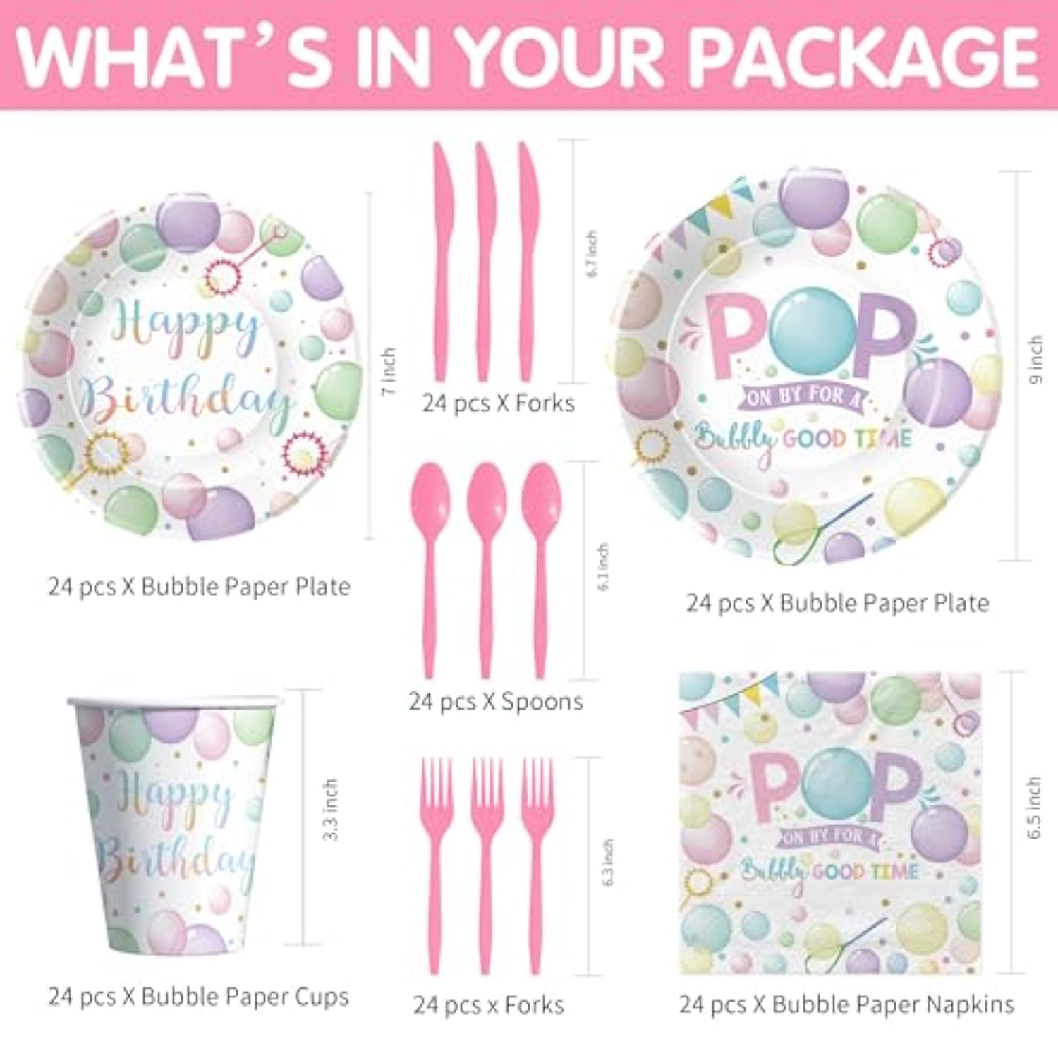 Bubble Birthday Party Decorations Tableware For Girl, Summer Pastel Pop On Over Bubbles Theme Party Supplies For Birthday Baby Shower, Paper Plate, Napkin, Cup, Disposable Cutlery, Serves 24