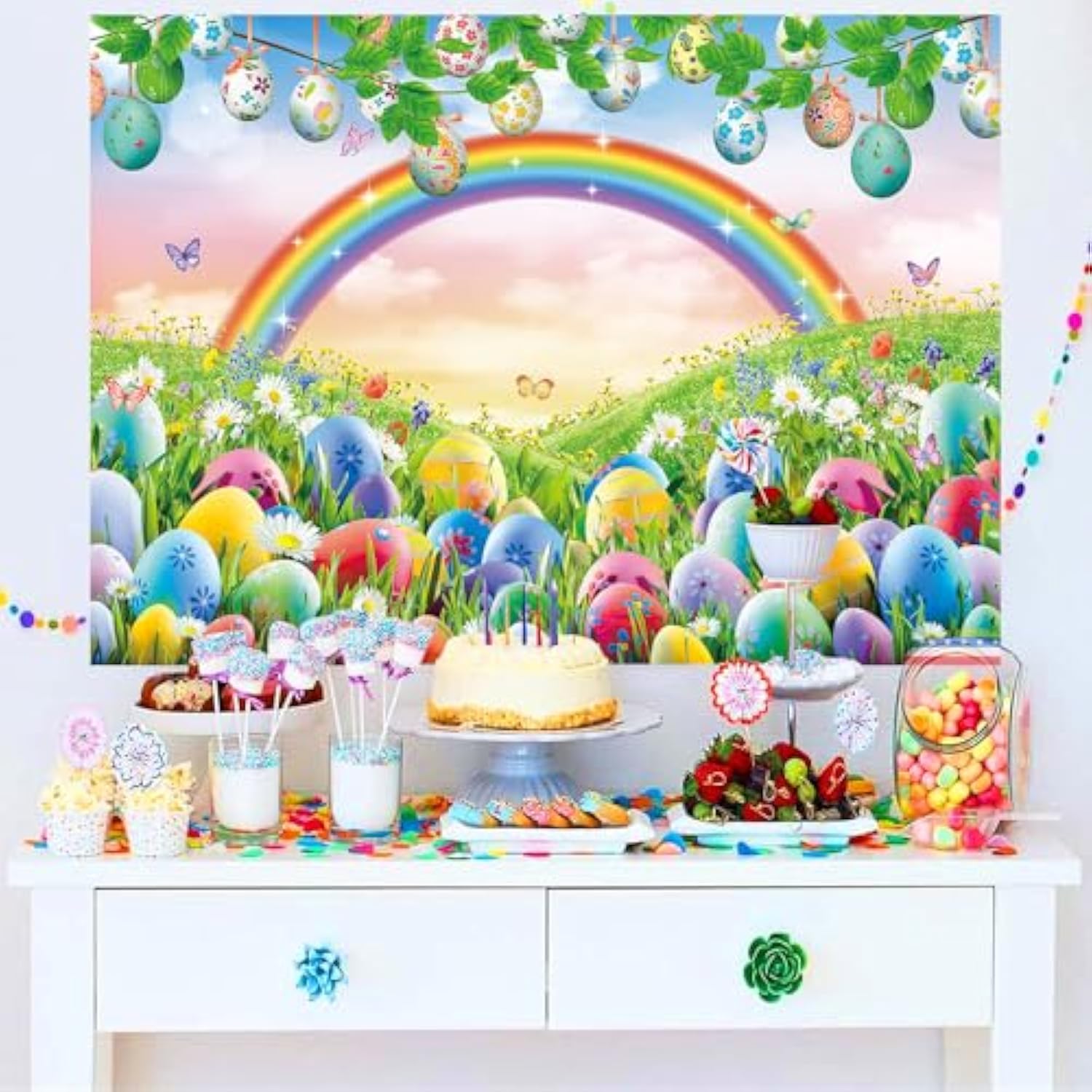 7X5Ft Spring Easter Backdrop Rainbow Meadow Flowers Colourful Eggs Photography Backgrounds Newborn Photography Backdrop Children'S Baby Birthday Party Decoration Banner