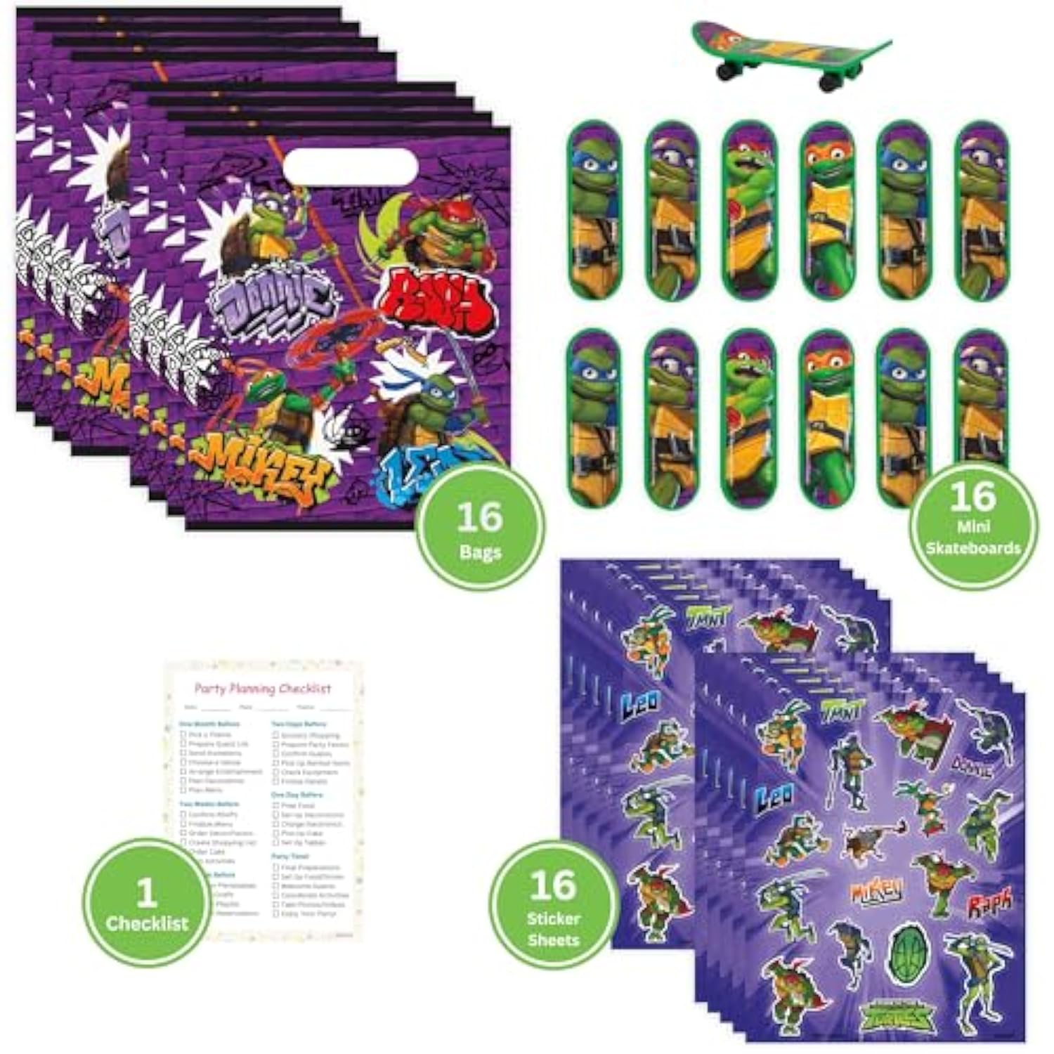 Unique Ninja Turtle Party Favors Pack - 16 Guests - TMNT Party Favor Bags, Sticker Sheets, Mini Skateboards, Checklist - Teenage Mutant Ninja Turtle Party Decorations & Supplies