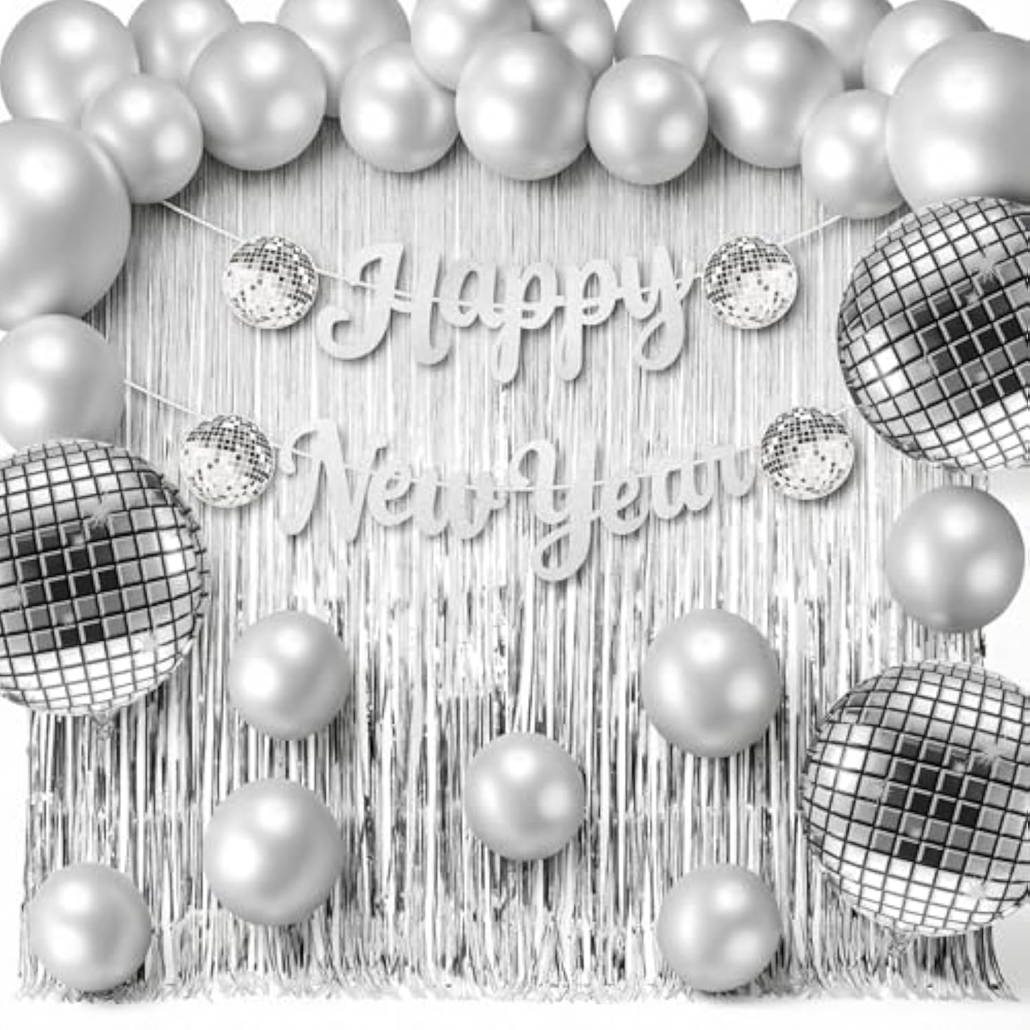 35 Pcs Disco Balloon Kit with Silver Balloons and Happy New Year Banner for Parties