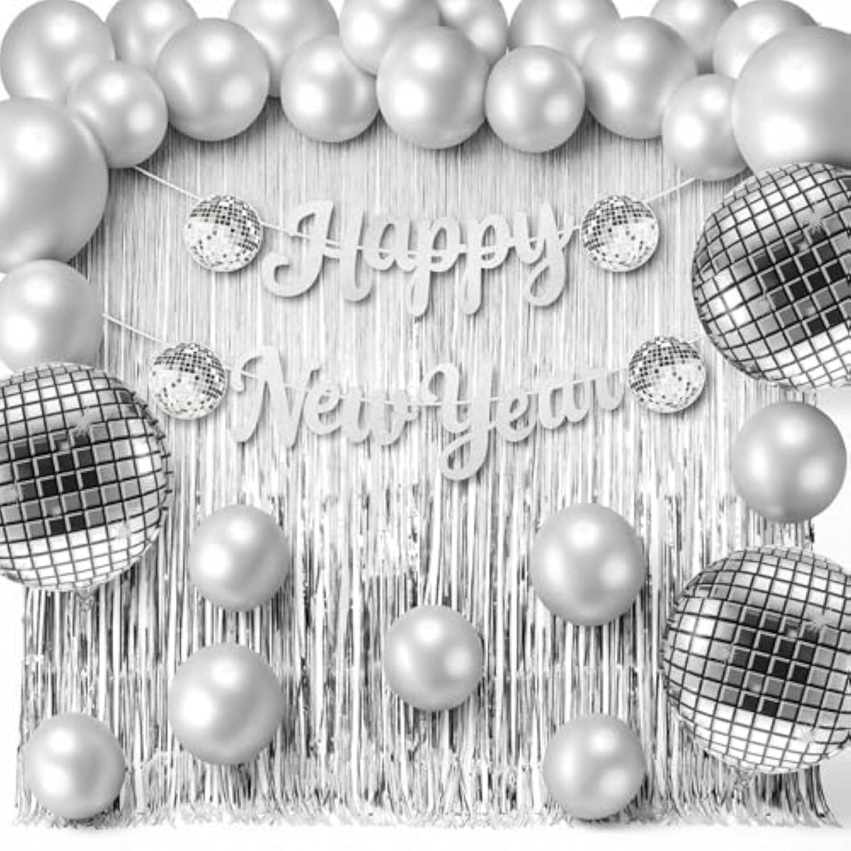 35 Pcs Disco Balloon Kit with Silver Balloons and Happy New Year Banner for Parties