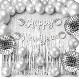 35 Pcs Disco Balloon Kit with Silver Balloons and Happy New Year Banner for Parties