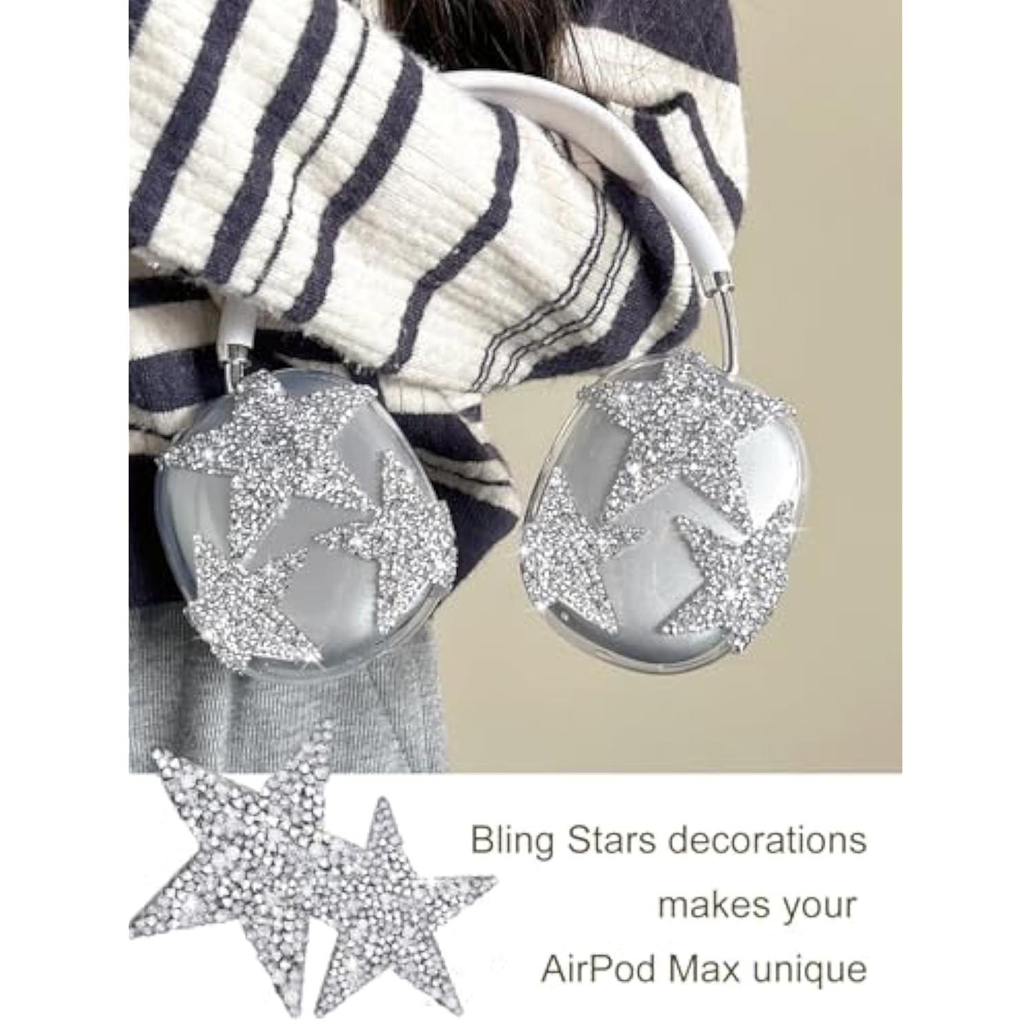 3 In 1 Bling Case Cover For Airpod Max, Clear Tpu Glittering Rhinestones Stars Protective Ear Cups Covers Silicone Earpad Headband Covers Compatible For Apple Airpods Max Headphones (Star)