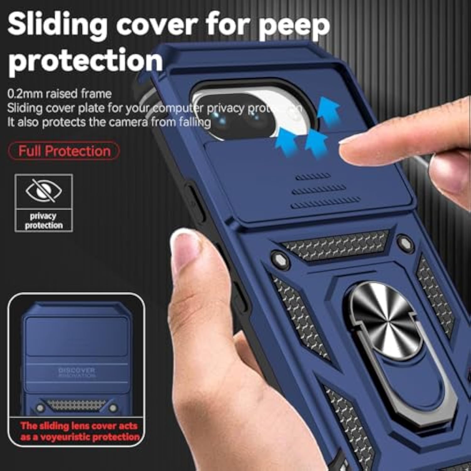 For Google Pixel 9A Case With Camera Lens Cover Hd Screen Protector, Dual Layer Military-Grade Drop Tested Magnetic Ring Holder Kickstand Protective Phone Case For Google Pixel 9A 2025 (Navy Blue)