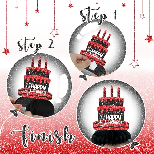 Black and Red Birthday Decorations – 12PCS Honeycomb Table Centerpieces for Men Women Adults – Happy Birthday Table Decor Party Supplies
