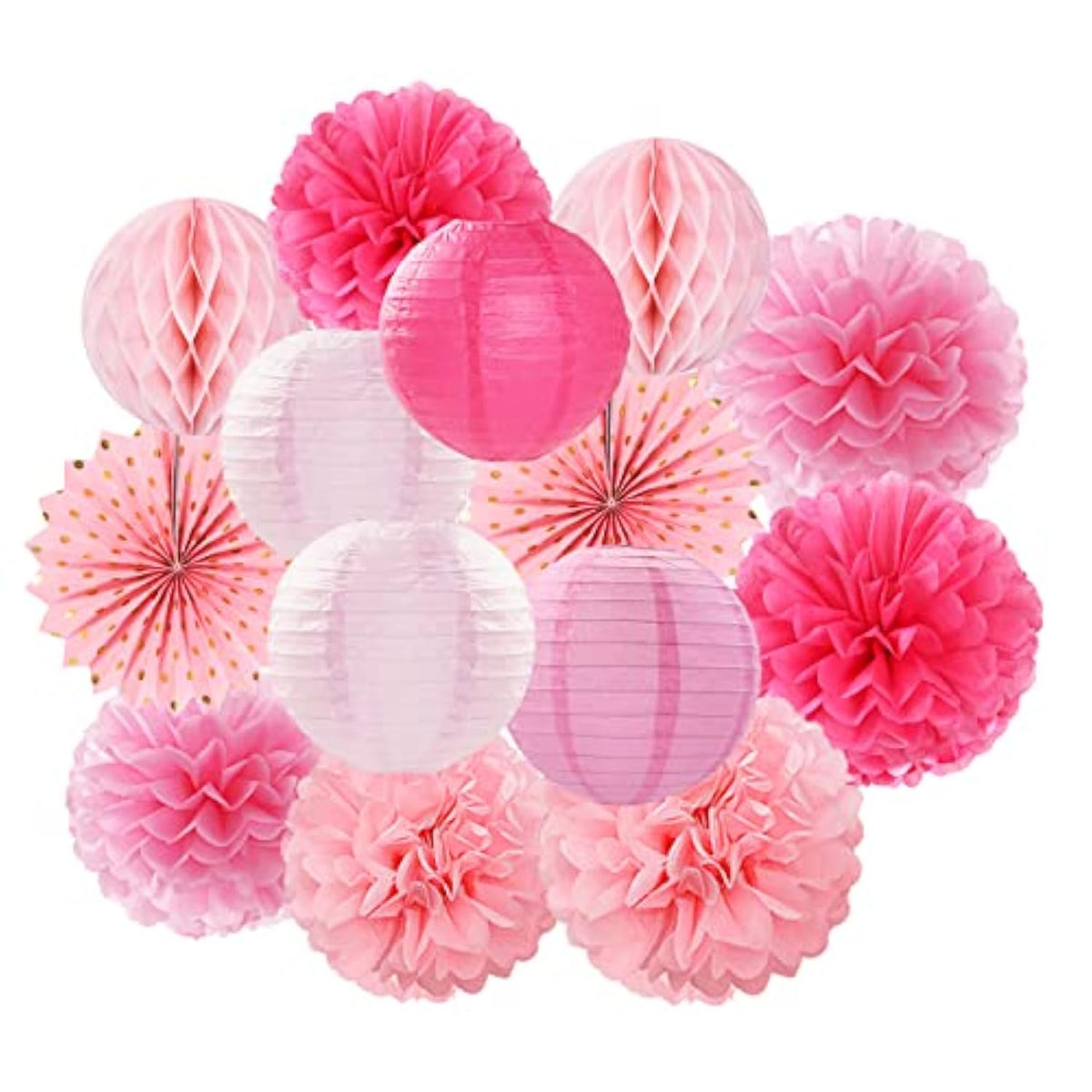 Rose Hot-Pink Valentines-Day Party-Decorations Streamers - 14Pc Girl Birthday Baby Shower Paper Lanterns Fan,Tissue Pom Poms,Honeycomb Balls,Bachelorette Bridal Wedding Supplies Decor