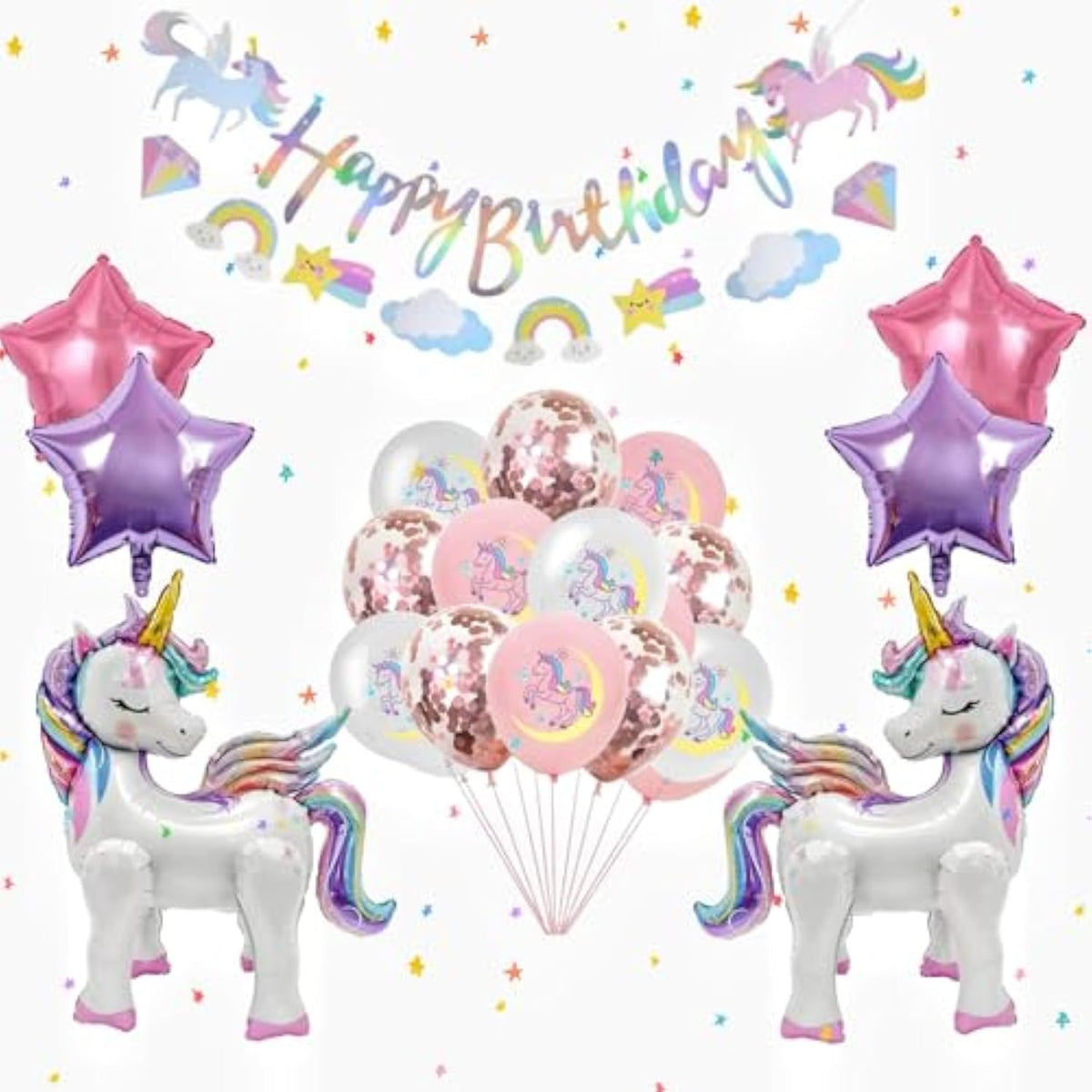 22Pc Unicorn Balloons & Happy Birthday Banner Large Foil Star Baby Shower Decor