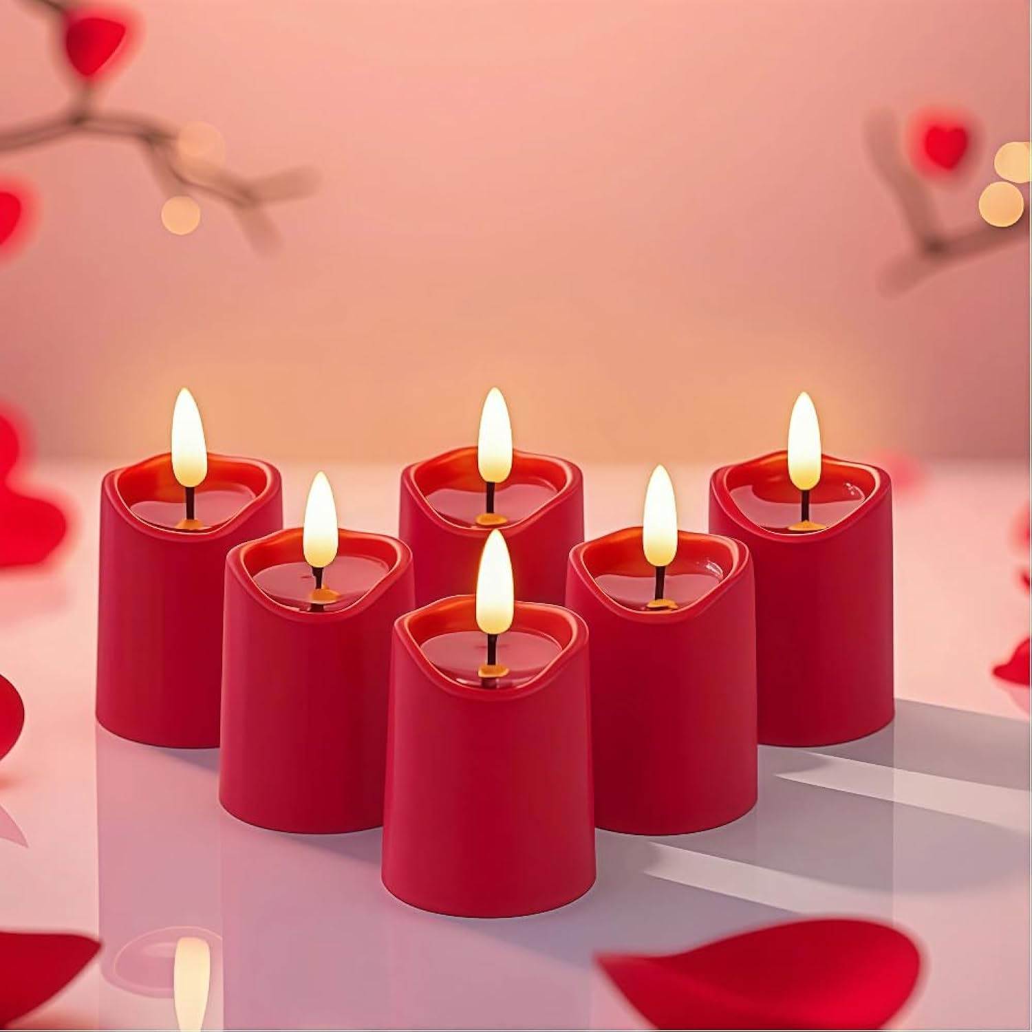 Simplelight Red Flameless Votive Candles With Timer, Realistic Black Wick Valentine’S Day Candles Battery Operated, Battery Included, D 1.8” X H 3.1”, Set Of 6 For Wedding, Christmas Decoration (Red)