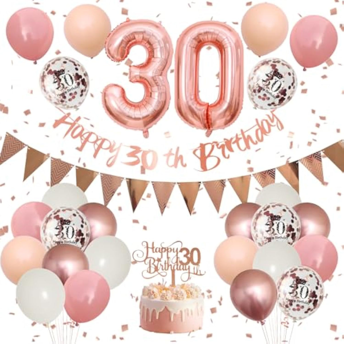 30Th Birthday Decorations Retro Pink Rose Gold,30Th Birthday Balloons,Happy 30Th Birthday Banner With Cake Toppers Rose Gold Number 30 Balloons Confetti Balloons For Women Birthday Party Decorations