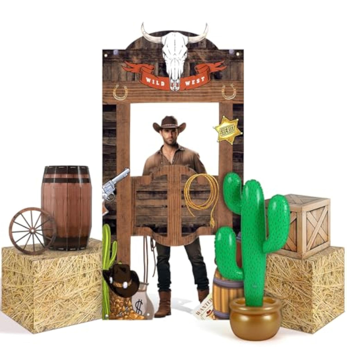 7Pcs Western Cowboy Party Decor Hay Bales, Cactus, Wagon Wheel & Backdrop Banner