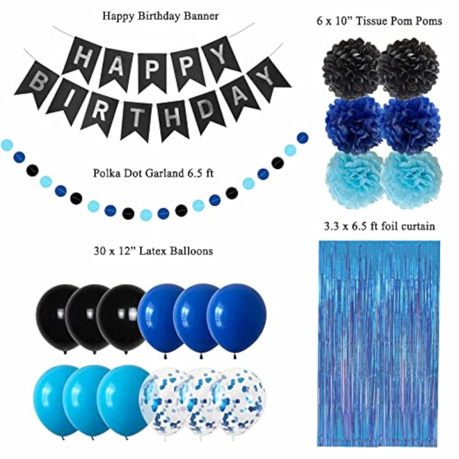 Blue & Black Birthday Decoration Kit: Banner, Balloons, Foil Curtain