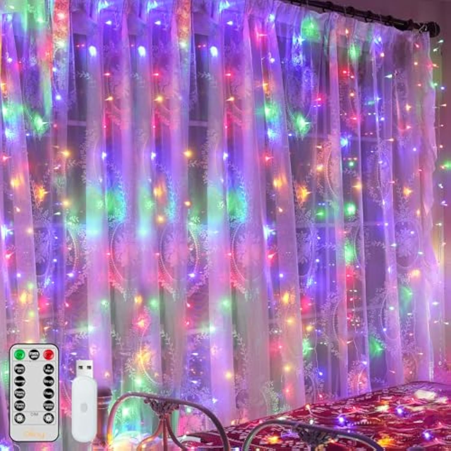 Curtain Lights 200Led 6.6X6.6Ft, Usb Multicolor Christmas Curtain Lights With Remote 8 Modes Timer, Waterproof String Li