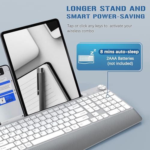Ergonomic Wireless Keyboard, 2.4Ghz Cordless Usb Full-Size Keyboard With Wrist Rest, Quiet Design & Numeric Keypad, Phone Holder For Desktop, Laptop, Pc, Mac, Windows -Silver White