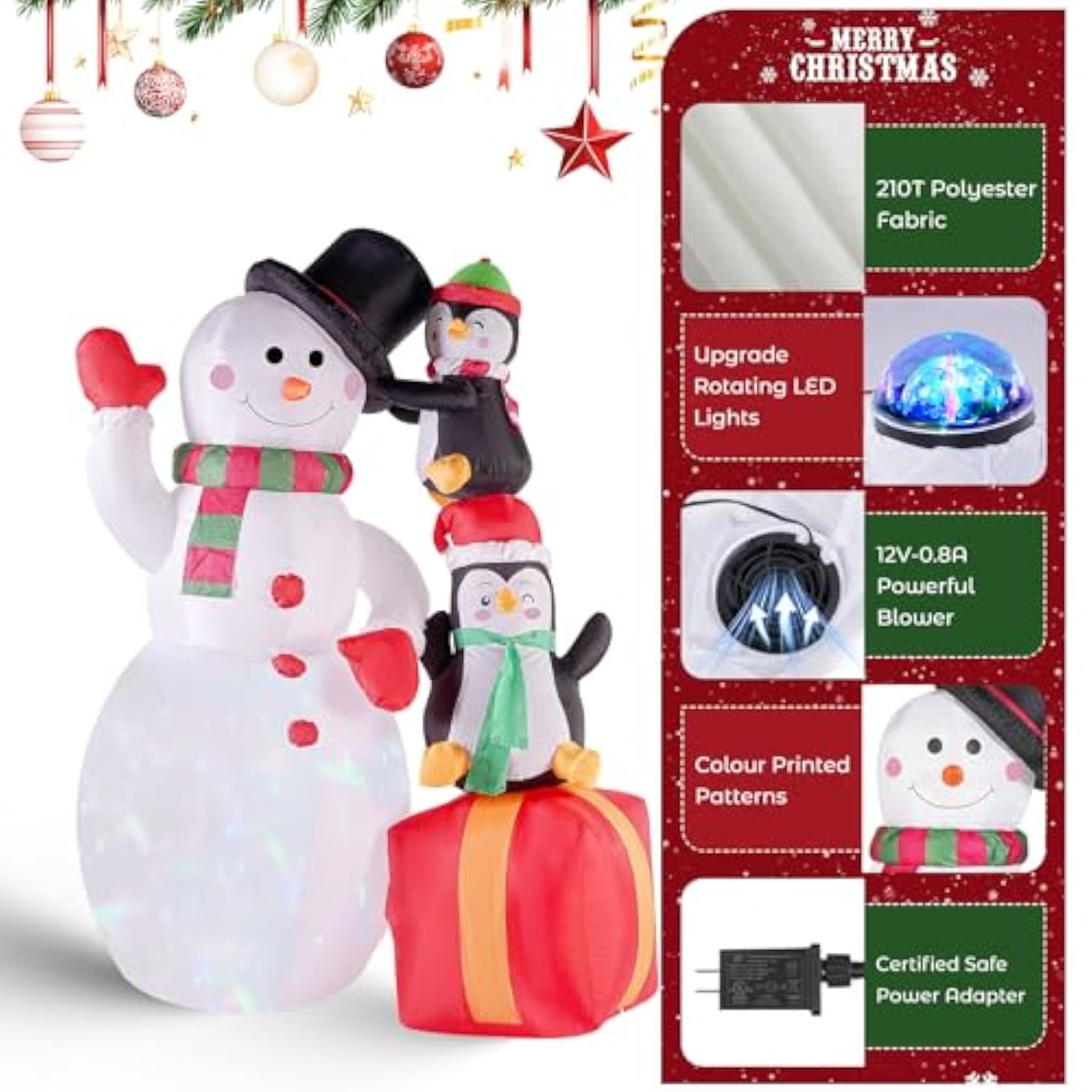 Christmas Inflatables Snowman With Penguins, Xmas Blow Up Magic Hat Snow Man With Rotating Led Lights, Outdoor Decoratio